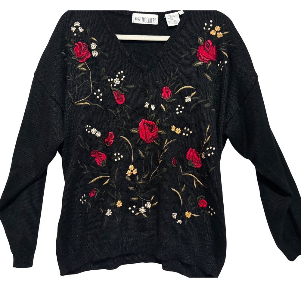TOGETHER! Black Floral Embroidered V-Neck Wool Blend Sweater XL Vintage boho 90s